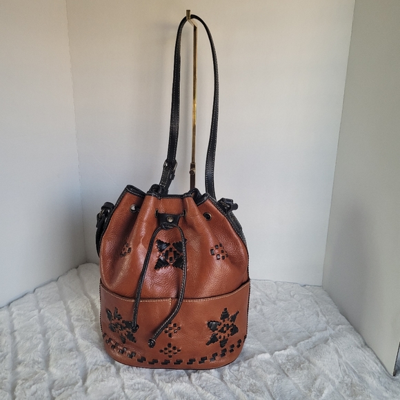 Patricia Nash Bags Patricia Nash Brown Leather Drawstring Bucket Tote Round Boho Black Woven